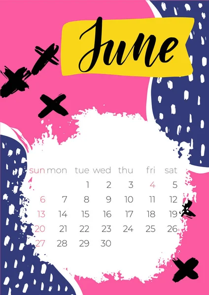 2021 Junio Calendario Inglés Vector abstracto Dibujado a mano — Vector de stock