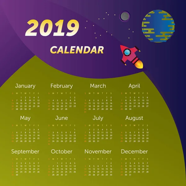 Календар 2019 Рік Космічний Корабель Земля — стоковий вектор