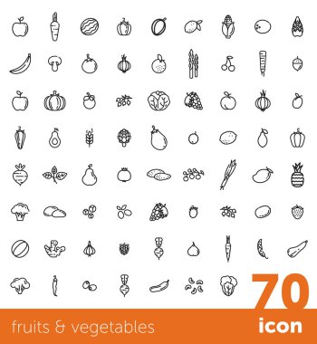 Meyve ve Sebze toplama. Büyük vektör Icon set. Sağlıklı vejetaryen yemek. Çağdaş çizgi stili illüstrasyonlar. İzole arka plan