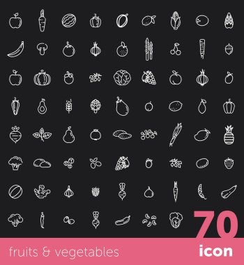 Meyve ve Sebze toplama. Büyük vektör Icon set. Sağlıklı vejetaryen yemek. Çağdaş çizgi stili illüstrasyonlar. İzole arka plan