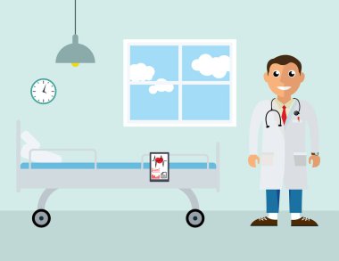 Doktor klinikte. Vektör arka planda düz tasarım stili