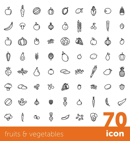 Meyve ve Sebze toplama. Büyük vektör Icon set. Sağlıklı vejetaryen yemek. Çağdaş çizgi stili illüstrasyonlar. İzole arka plan