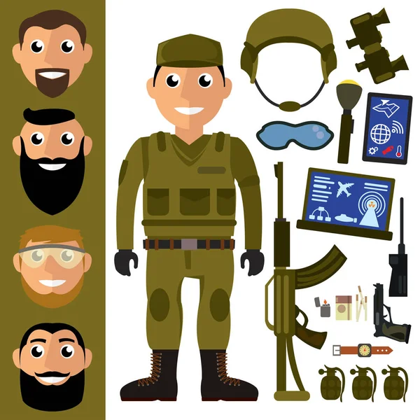 Soldado Uniforme Terreno Accesorios Militares Estilo Plano Ilustración Vectorial Fondo — Vector de stock