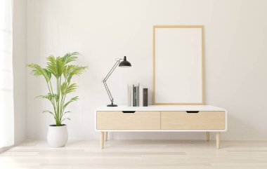 3D render beyaz Poster çerçeve mockup büfe, beyaz tavan duvar, ahşap zemin.