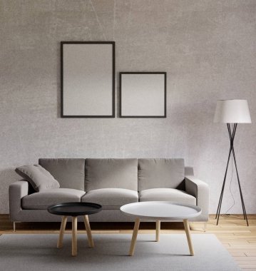 3D render ham beton, ahşap zemin, büyük pencere ile Loft tarzı oturma odası