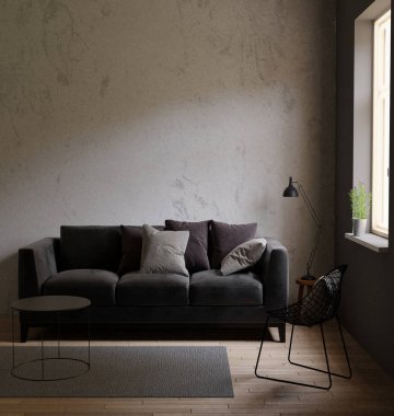 Karanlık bir odada sonsuz ışık, halı, siyah masa, sandalye, yastık gelen parlak ışık gri kanepe iç çatı beton duvarlar, 3d render
