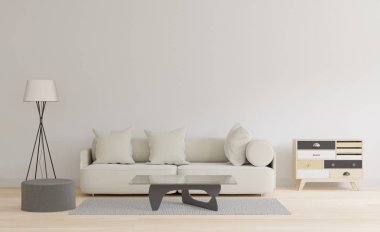 3D render beyaz oturma odası masa ve halı