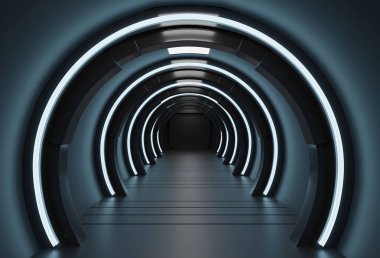 Bu görüntü 3D render fütüristik unsurları bir şekilde döşenmiş, uzay gemisi karanlık iç görünüm, tünel, koridor ile