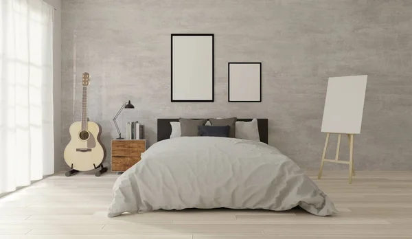3D rendering Loft style bedroom with raw concrete ,wooden floor,big window,guitar, frame for mock up