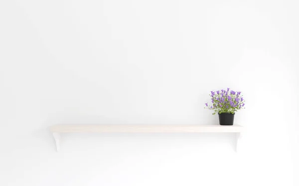 3D render en az stil, Mor çiçek ahşap raf ve beyaz duvar