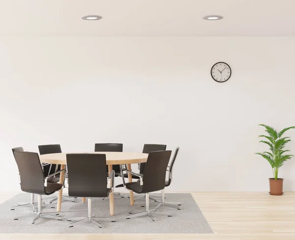 sandalyeler, 3D render toplantı salonu yuvarlak ahşap masa, beyaz oda, halı ve küçük ağaç