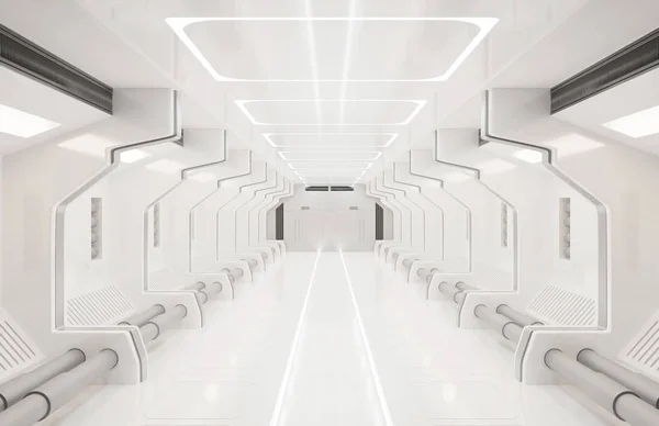 Bu görüntü 3D render unsurları bir şekilde döşenmiş, uzay gemisi beyaz iç, tünel, koridor koridor