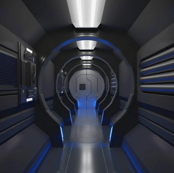 3D rendering elements of this image furnished ,Spaceship black interior with view,tunnel,corridor,blue light