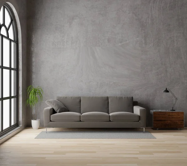 3D render Loft tarzı oturma odası ile kahverengi kanepe ham beton, ahşap zemin, büyük pencere, ağaç