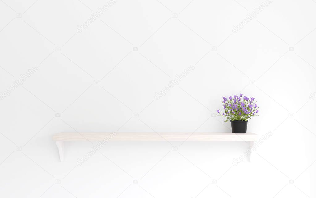 3D rendering minimal style ,purple flower on the wooden shelf and white wall