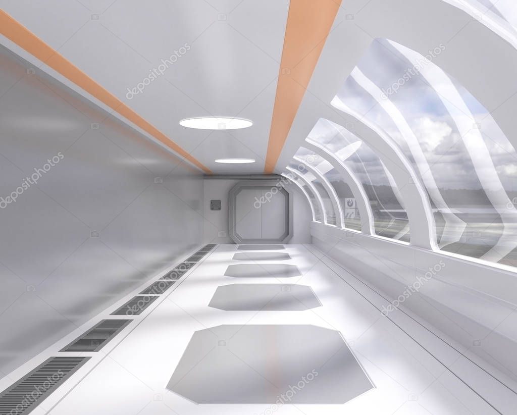 3d rendering bright futuristic tunnel with window and outside view,hallway,spaceship