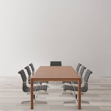 Toplantı Salonu sandalyeler, ahşap masa, ahşap zemin, beton duvar ile boş, sahte için alan, 3d render kopyalayın