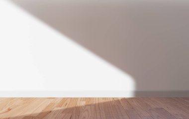 Beyaz duvar ve güneş ışığı 3d render ile ahşap zemin