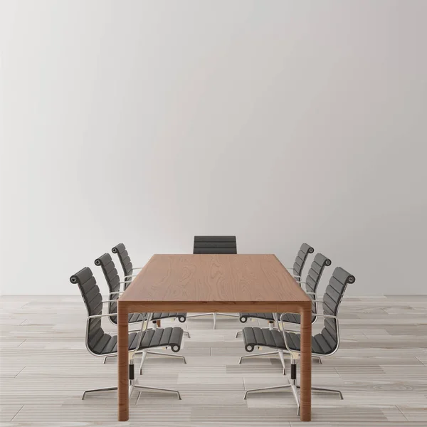 Toplantı Salonu sandalyeler, ahşap masa, ahşap zemin, beton duvar ile boş, sahte için alan, 3d render kopyalayın