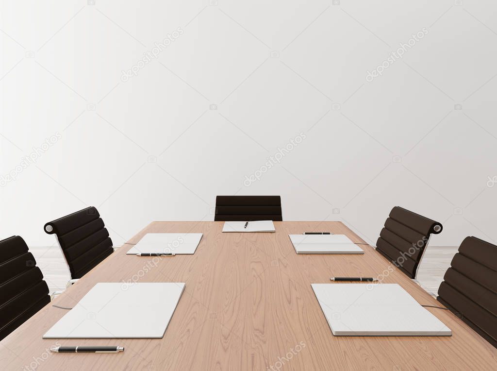 Close up empty meeting room with chairs, wooden table, notebook, concrete wall for copy space and mock up 