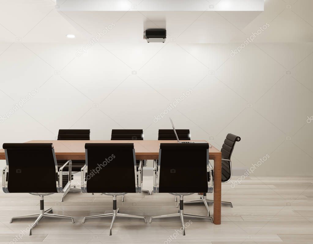 Meeting room with white wall, wooden floor copy space 3d rendering