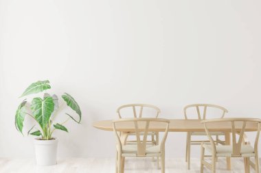 Yemek odası ve masa, beyaz arkaplan üzerine kopya alanı, ön görünüm, modelleme için beyaz duvar, 3D görüntüleme