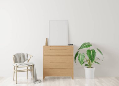 Ev içi poster, oturma odasındaki çerçeve ve arka plandaki beyaz duvar, ağaç, dolap, sandalye ile modellenir. 3B görüntüleme.