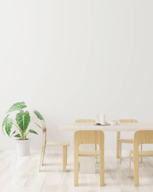 Yemek odası ve masa, beyaz arkaplan üzerine kopya alanı, ön görünüm, modelleme için beyaz boş duvar, 3D görüntüleme