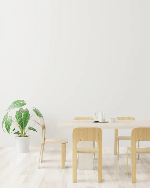 Yemek odası ve masa, beyaz arkaplan üzerine kopya alanı, ön görünüm, modelleme için beyaz boş duvar, 3D görüntüleme