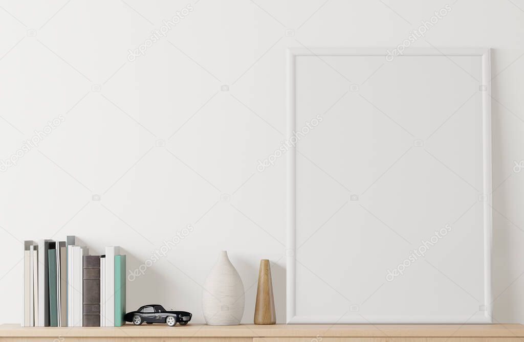 Home interior poster mock up with frame on the sideboard and white wall background. 3D rendering.