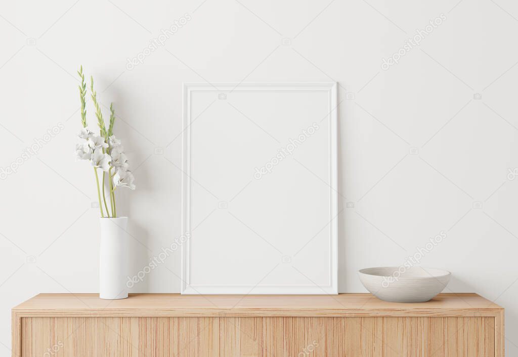 Home interior poster mock up with frame on the table and white wall background. 3D rendering.