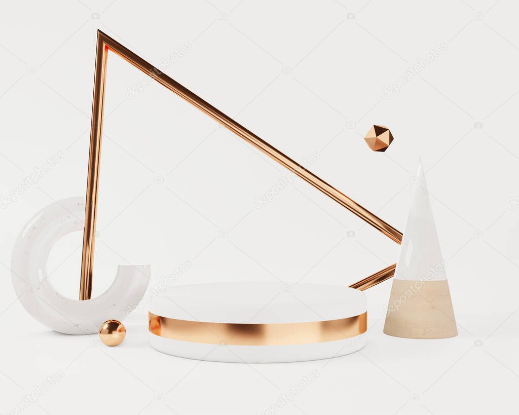 Abstract mock up frame, geometric shape podium background,golden,wood,3d rendering.