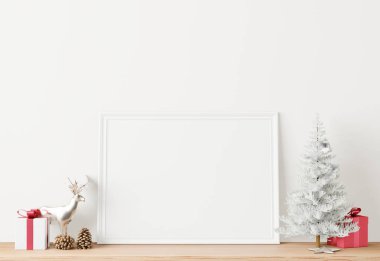 3D rendeleme beyaz kare hediye kutusu ve metalik pembe kurdele konsepti beyaz arka plan, ren geyiği, Noel ağacı çerçevesi maketi, kopyalama alanı