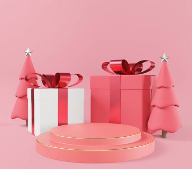 3D rendeleme beyaz ve kırmızı kare hediye kutusu ve metalik pembe kurdele konsepti, Noel ağacı, kopyalama alanı