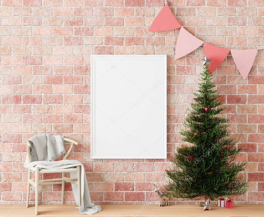 3D rendering white square gift box and metallic pink golden bow-ribbon concept  brick wall  ,reindeer, Christmas tree frame mock up, copy space
