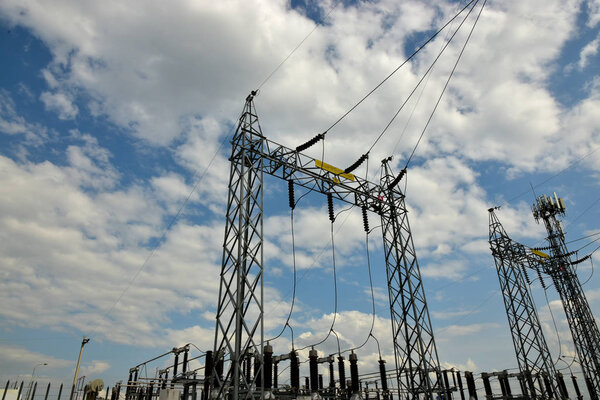 High Voltage Electric Tranformer with Blue Sky