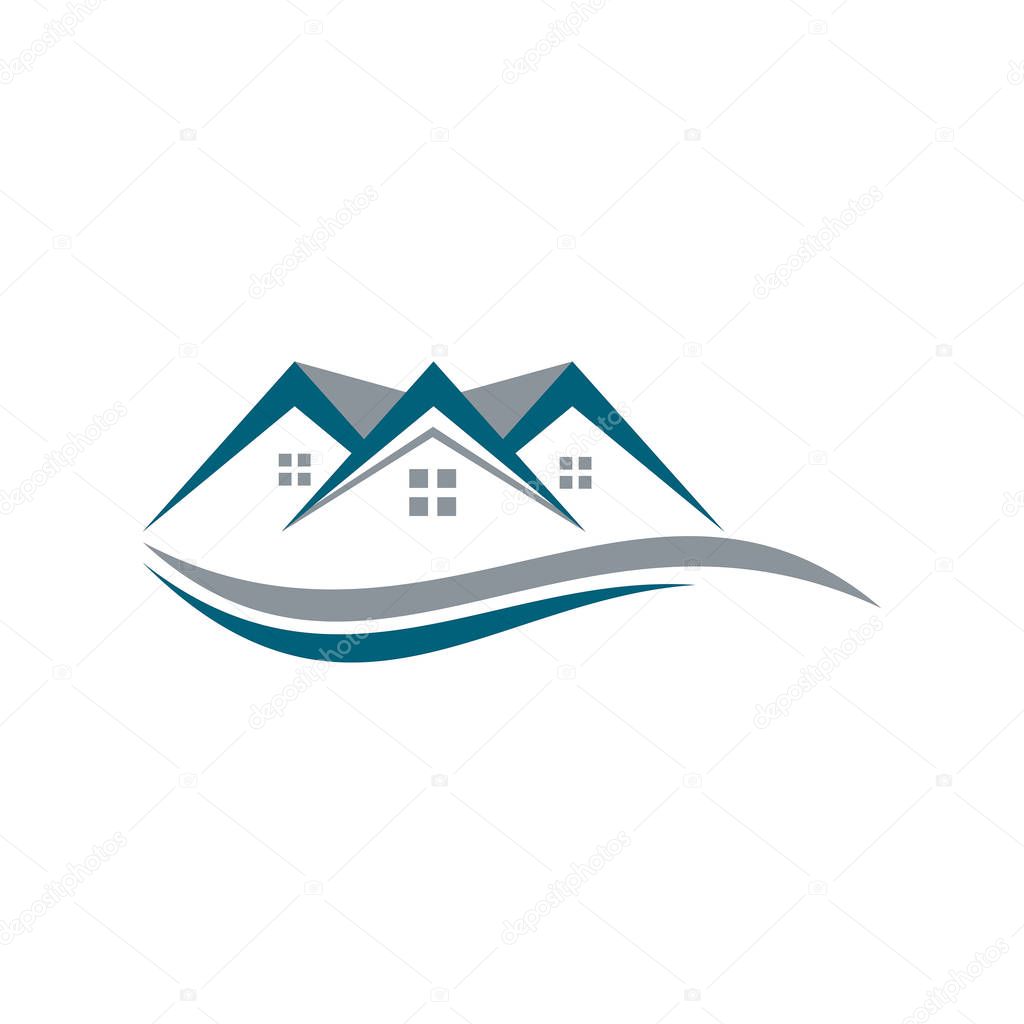 vector illustration of houses with wave logo isolated on white