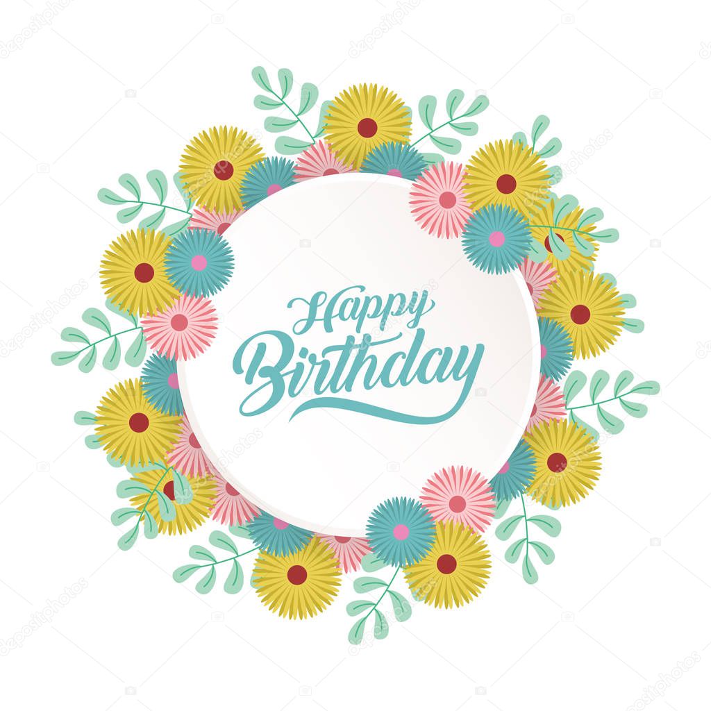 happy birthday greeting card with flowers wreath