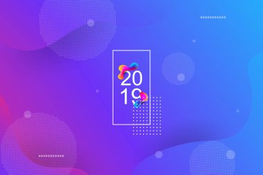 2019 banner tasarımı, mutlu yeni yıl bulanıklık. 2019 yeni yıl kutlama. 2019 açılış sayfası arka plan. Sıvı, sıvı, dalgalı, dinamik Şekil arka plan. Modaya uygun ve modern arka plan rengi. 
