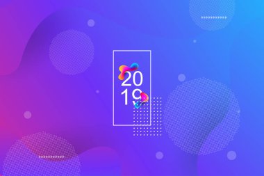 2019 banner tasarımı, mutlu yeni yıl bulanıklık. 2019 yeni yıl kutlama. 2019 açılış sayfası arka plan. Sıvı, sıvı, dalgalı, dinamik Şekil arka plan. Modaya uygun ve modern arka plan rengi. 