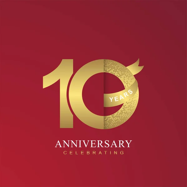 Aniversário Dez Anos Celebrando Símbolos Dourados Fundo Vermelho — Vetor de Stock