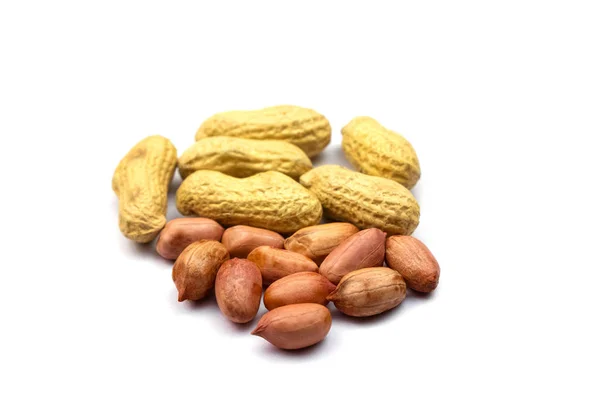 Peanut Unpeeled Peeled Closeup Isolated White Background — Zdjęcie stockowe