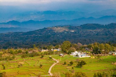 Üst, güzel manzara görünümünden bir yeşil tepe ve kırsal çiftlik evleri
