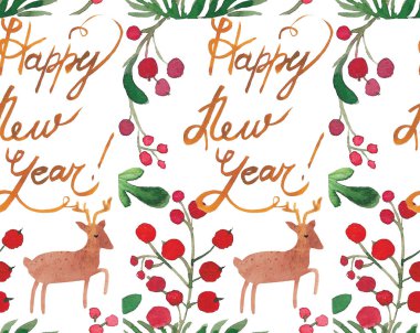 Noel suluboya geyik, kopya ve çilek ile güzel seamless modeli. Mutlu yeni yıl kopya. Tatil dekoratif Baskı Tekstil, kağıt, kartları vb için.
