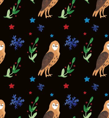 Baykuşlar, kar taneleri ve dekor ile brunch Noel suluboya güzel seamless modeli. Tatil dekoratif Baskı Tekstil, kağıt, kartları vb için.