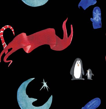 Noel suluboya penguenler, şeker, ay ve eldivenler ile güzel seamless modeli. Mutlu yeni yıl kopya. Tatil dekoratif Baskı Tekstil, kağıt, kartları vb için.