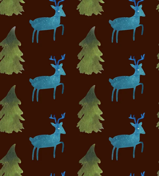 Christmas Watercolor beautiful seamless pattern with Santa, deer, ribbons, bells and tree. Happy New Year decor. Holidays decorative prints for textile, paper, cards etc
