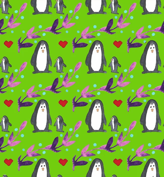 Akvarell Szép Varrat Nélküli Mintát Pingvinek Szívek Bogyók Levelek Ünnepelni — Stock Fotó