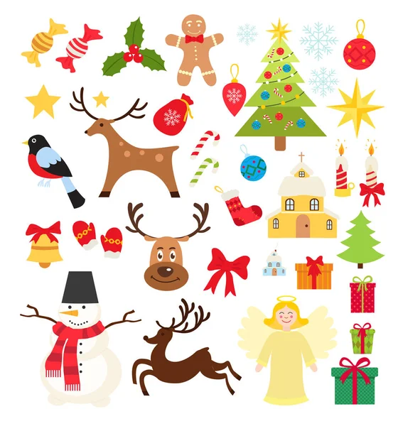 Set of Christmas elements icons, snowman,gifts, snowflakes, candy  and deer in cartoon flat style — Stock Vector