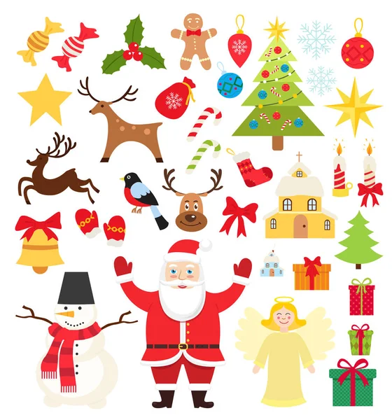 一套圣诞元素图标, 雪人, 礼物, 雪花, 糖果和鹿在卡通平面风格 — 图库矢量图片